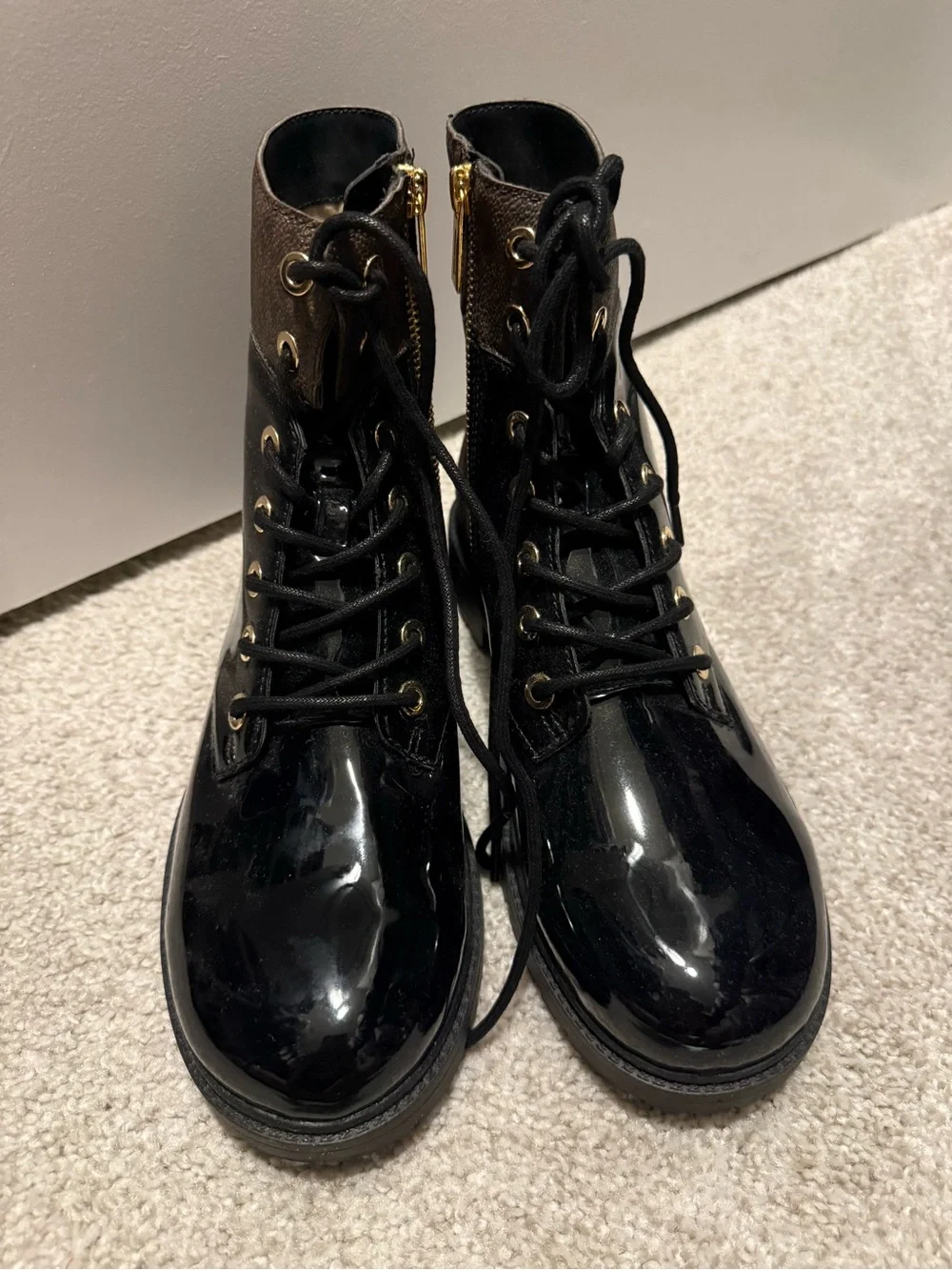 Michael Kors Black Patent Combat Boot with Brown Monogram and Gold Zip